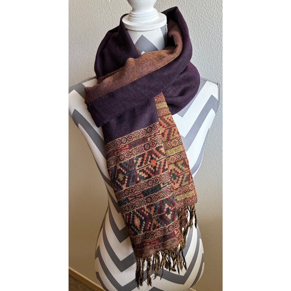 100% WOOL SCARF | Brown and Burgundy with Geometric Pattern | 19x90"